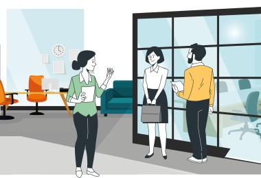 Grafik mit drei Personen in einem Büro. Grafik mit drei Personen in einem Büro.