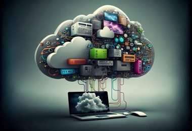 Eine Cloudwolke ist mit Kabeln verbunden an einen Laptop. Eine Cloudwolke ist mit Kabeln verbunden an einen Laptop.