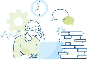 Illustration einer gestressten Person mit Brille, die an einem Laptop arbeitet. Die Person stützt den Kopf mit der Hand und wirkt überlastet. Um sie herum sind Symbole wie ein Zahnrad, ein Uhr, Sprechblasen, ein Herzfrequenzdiagramm und ein großer Stapel Bücher dargestellt – sinnbildlich für Zeitdruck, Kommunikationsanforderungen und Arbeitsbelastung. Illustration einer gestressten Person mit Brille, die an einem Laptop arbeitet. Die Person stützt den Kopf mit der Hand und wirkt überlastet. Um sie herum sind Symbole wie ein Zahnrad, ein Uhr, Sprechblasen, ein Herzfrequenzdiagramm und ein großer Stapel Bücher dargestellt – sinnbildlich für Zeitdruck, Kommunikationsanforderungen und Arbeitsbelastung.