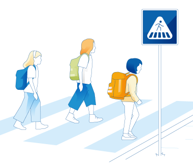 Die Illustration zeigt Kinder, die eine Straße überqueren. 